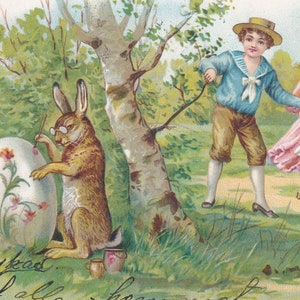 Feliz Páscoa 1905 - Lindo cartão postal sueco antigo - Coelho está pintando ovo Crianças / menina - moda vintage rural Saudações Enfantina