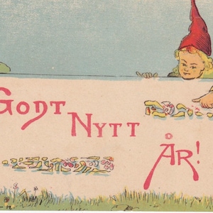 Heureuse nouvelle année 1910 - Rare ancienne carte postale de voeux suédoise - Artiste signé E.E-n - Enfants lutins avec enseigne géante - Vintage scandinave