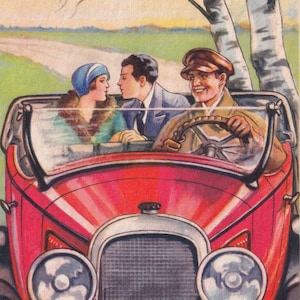 Jenny Nyström / Happy Summer - Bella cartolina vintage Svezia - biglietto d'auguri 1935 - Autista di auto campagna scena d'amore eleganti amanti della moda
