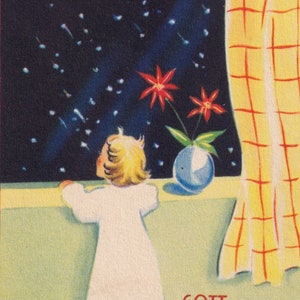 Auguri di felice anno nuovo 1940 - bella piccola cartolina svedese - Ragazza alla finestra cielo stellato inverno Poinsettia - moda scandinava vintage