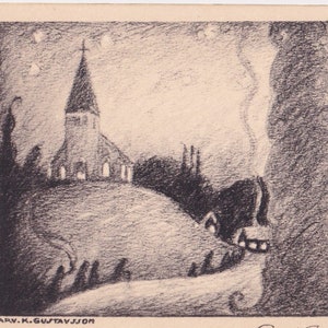 Arv. K. Gustavsson - Deseos de Feliz Navidad 1925 - Preciosa postal vintage Suecia - Iglesia del paisaje escandinavo de invierno - nieve Arte sagrado