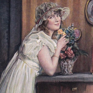 Liebe Grüße - Liebliche Künstler signiert Franz Löwy alte Ansichtskarte Schweden 1915 - Dame Blumen Romantisch elegant Mode Vintage Kleid - Wiener Kunst