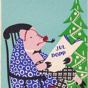 Incroyable cochon humanisé - Souhaits de Noël et du Nouvel An - Carte postale vintage de l'artiste des années 1940 Suède - chaise à bascule d'arbre anthropomorphisme scandinave