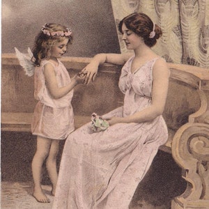 Anjo e mulher elegante - Lindo cartão postal vintage da França de 1908 - Criança menina Amor casamento romântico cupido querubim - Cartão de moda Belle Epoque