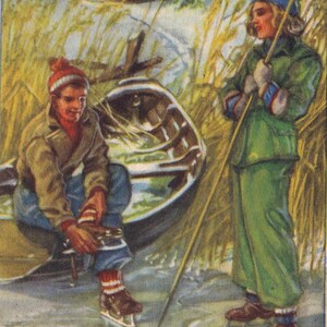 Deseos de Navidad y Año Nuevo de los años 40 - Preciosa postal sueca vintage - Curt Nyström - Amantes del patinaje sobre hielo en el lago, deporte de invierno - mujer escandinava