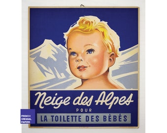 Publicité authentique en carton épais - Années 1930 - Neige des Alpes - Cosmétiques Soins bébé Montagne d'hiver - Publicité ancienne vintage française