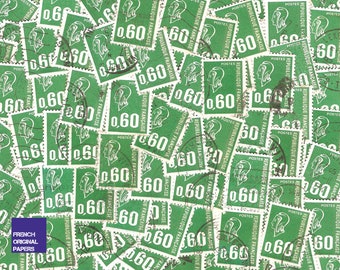 Lot de 25, 50 ou 100 timbres verts vintage français - Années 70 années 1970 - Marianne 0.60 - Collage scrap scrapbooking post cachet oblitéré