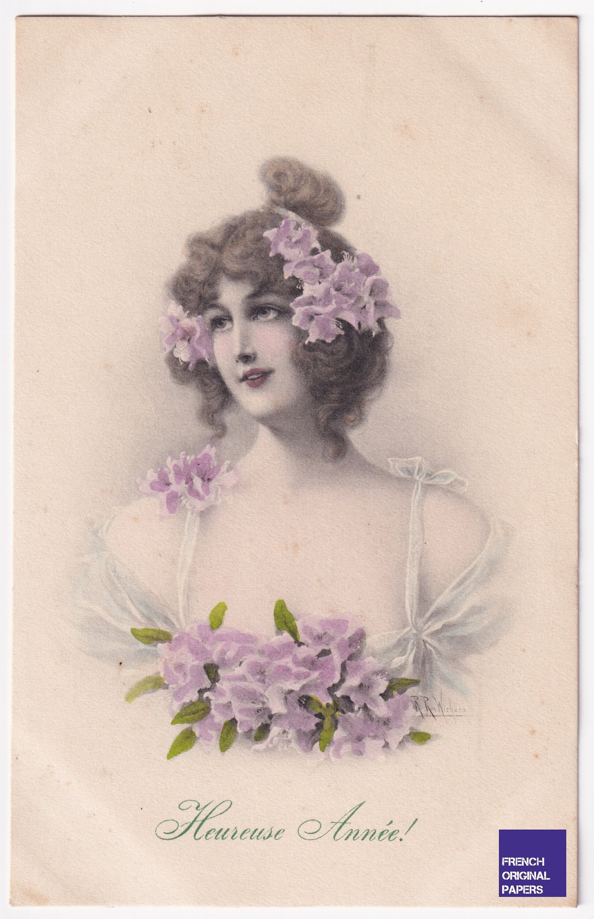 Wichera Illustrator - Lovely vintage postcard 1910 - Happy New Year Whishes greeting card - Woman flower violets dress art nouveau fashion