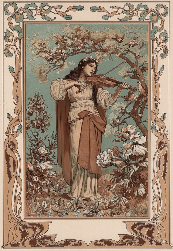 Art Nouveau superb Antique Lithography Print 1909 Allegory Etsy