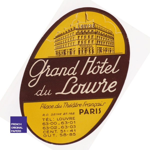 Beautiful unused vintage luggage label - 1950s - Grand Hôtel du Louvre Paris - France travel ephemera collage scrapbooking graphics