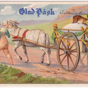 ハッピーイースター 1905 - 素敵なアンティークのグリーティングポストカード - 天使の子供、卵、子羊、馬車、ウサギ - ビンテージスウェーデンカード、クロモリソの羊の馬車