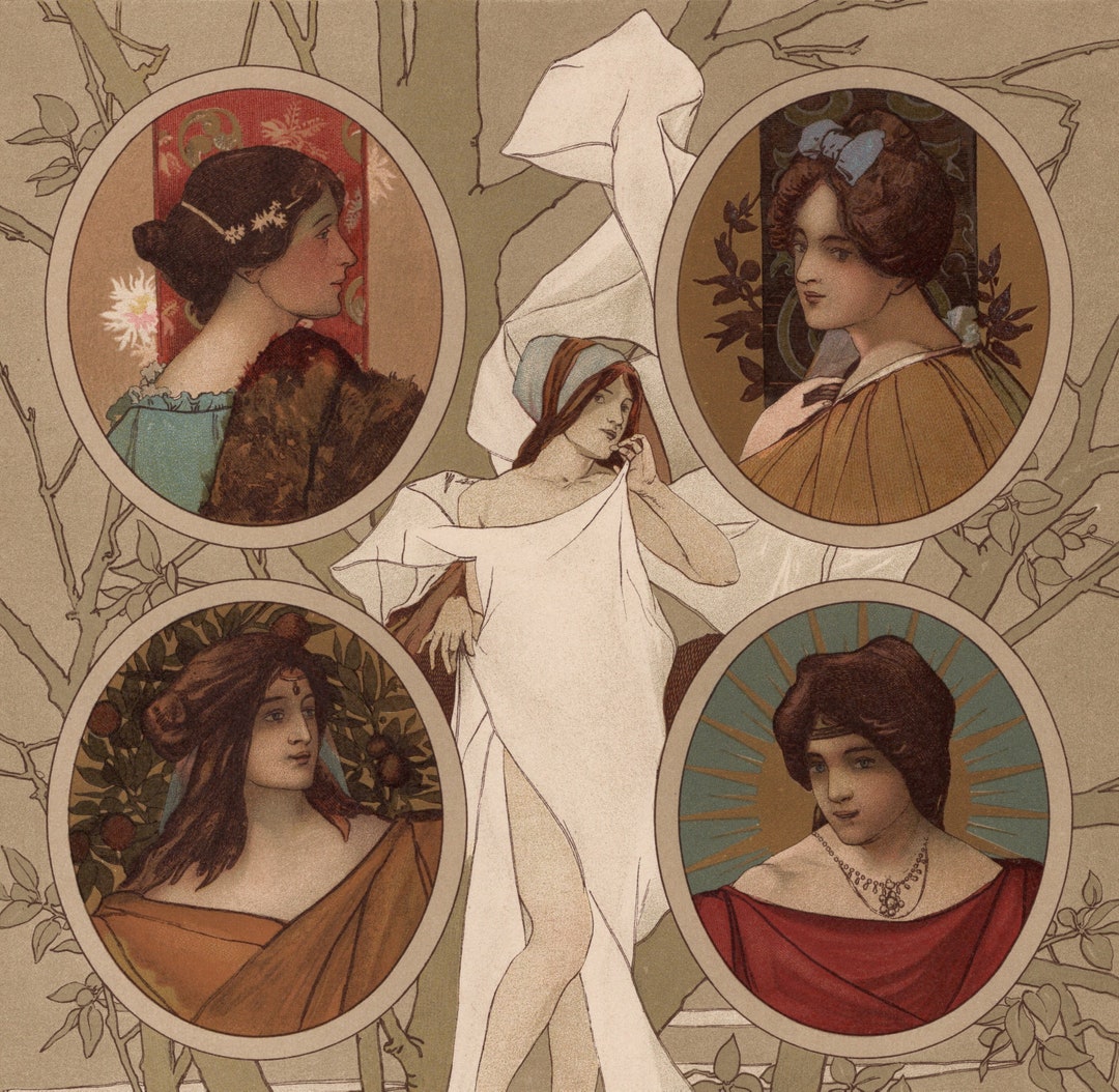 Art Nouveau / Sergius Hrubysuperb Antique Lithography Print 1909 Woman Medallion Decorative