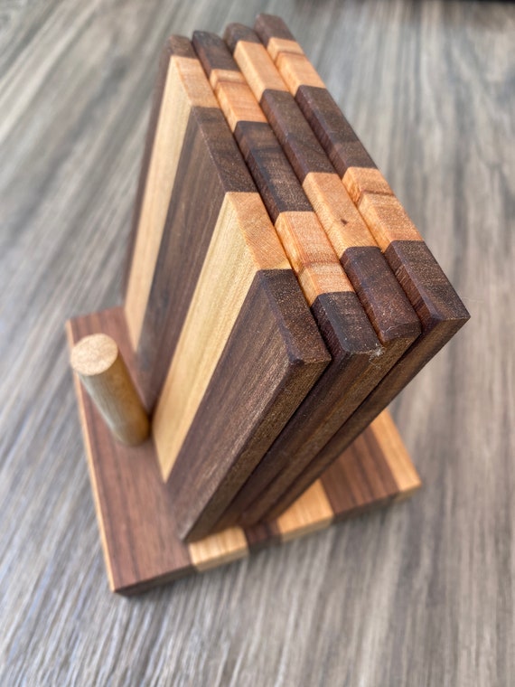 Wood Coaster Set With Holder Solid Wooden Coasters 4 Handmade Walnut Cherry  Oak Striped Fathers Day Housewarming Gift Idea for Men Unique 