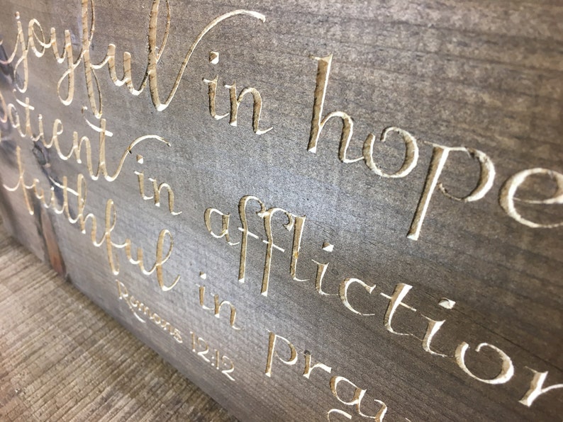 Be Joyful in Hope Sign Wood Bible Verse Sign patient in affliction, faithful in prayer Christian Wall Art Scripture Home Decor Romans 12:12 image 2