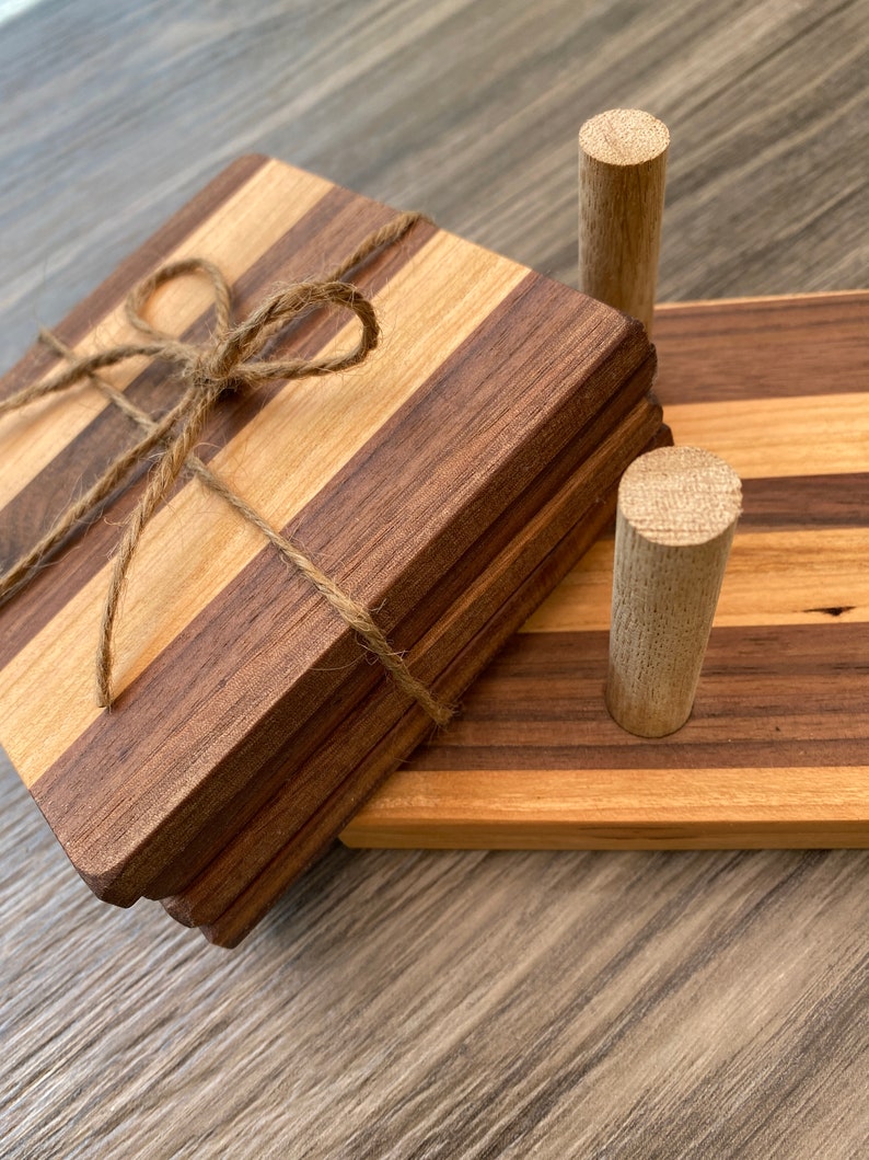 Wood Coaster Set With Holder Solid Wooden Coasters 4 Handmade Etsy