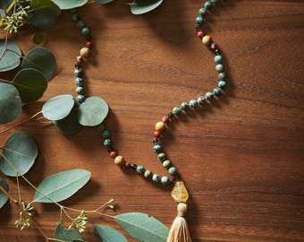 EVOLUTION Positive Change Mala bead necklace, handcrafted knotted meditation beads, Ethical African Turquoise Citrine