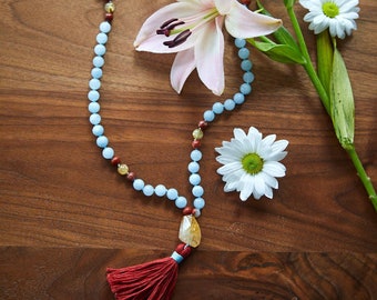 COURAGE genuine Ethical aquamarine mala necklace, healing gemstone mala, eco-friendly mala, aquamarine mala for courage