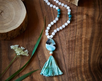 CONFIDENCE Ethical moonstone mala necklace, 108 bead moonstone and amazonite mala, Vishuddha chakra mala throat chakra, mala for teacher