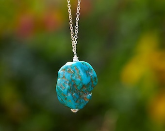 Ceremonial Kingman Turquoise Nugget Necklace on Sterling Silver Chain, Kingman Turquoise Necklace on Long Sterling Silver Chain