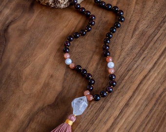 DEVOTION Garnet and Sunstone Mala Beads, yoga mala necklace, hand-knotted meditation beads, healing mala, gemstone mala, 108 japa mala