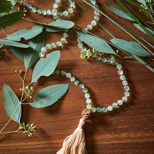 SELF LOVE Ethical Prehnite Mala Necklace, Prehnite healing mala bead necklace, heart chakra Anahata gemstone, mantra japa meditation beads