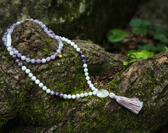 SHAKTI Amethyst and Moonstone mala necklace, Moon Essence Meditation Beads, Ethical Mala, Moonstone Mala, mala necklace, 108 gemstone mala