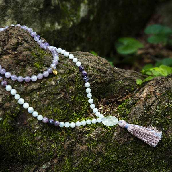SHAKTI Amethyst and Moonstone mala necklace, Moon Essence Meditation Beads, Ethical Mala, Moonstone Mala, mala necklace, 108 gemstone mala