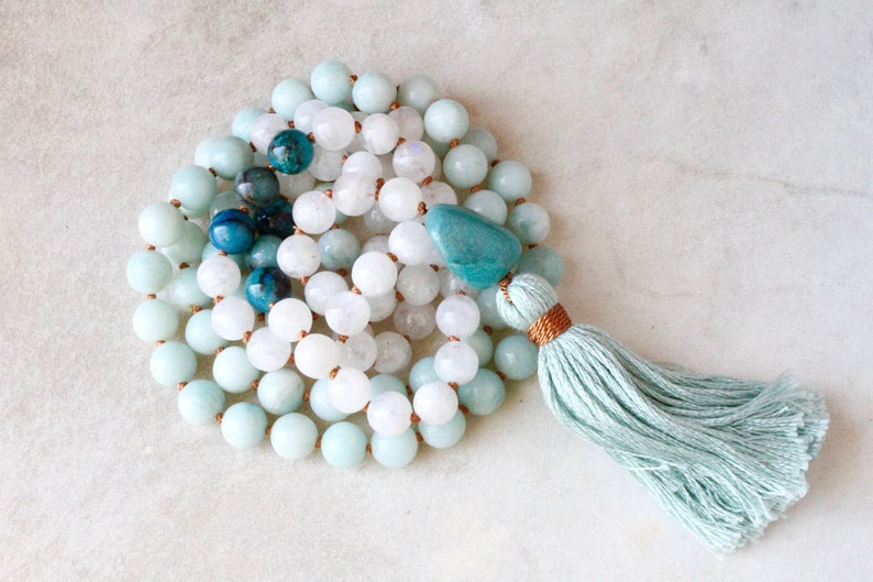 Japa Mala CONFIDENCE Ethical moonstone and amazonite Mala beads Healing Gemstone Mala Meditation Beads yoga mala necklace Prayer beads