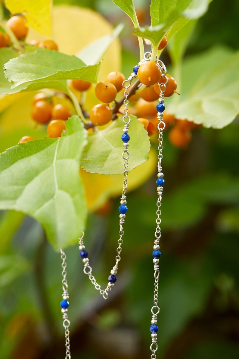 Beaded Lapis Lazuli Necklace, beaded lapis lazuli necklace on Sterling Silver chain, wire-wrapped dainty boho lapis lazuli necklace image 3
