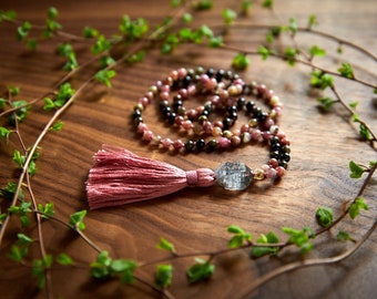 PROTECTIVE Tourmaline mala bead necklace, ethical gemstone hand knotted meditation beads, handcrafted mala for protection