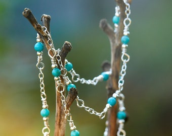 Beaded Kingman turquoise necklace, beaded turquoise necklace on Sterling Silver chain, wire-wrapped dainty boho turquoise necklace