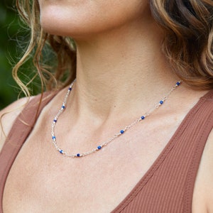 Beaded Lapis Lazuli Necklace, beaded lapis lazuli necklace on Sterling Silver chain, wire-wrapped dainty boho lapis lazuli necklace image 1