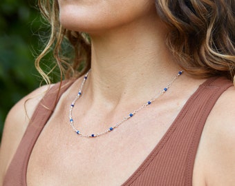 Beaded Lapis Lazuli Necklace, beaded lapis lazuli necklace on Sterling Silver chain, wire-wrapped dainty boho lapis lazuli necklace