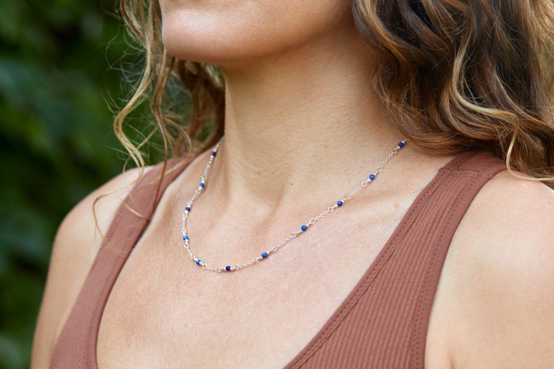 Beaded Lapis Lazuli Necklace, beaded lapis lazuli necklace on Sterling Silver chain, wire-wrapped dainty boho lapis lazuli necklace image 1