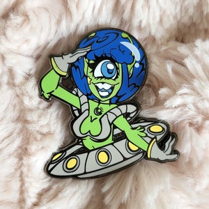 Alien enamel pin, alien girl pin, halloween pin, pin up alien lapel pin, spoopy pin, ufo pin, paranormal hard enamel pin, monster girl pin image 7