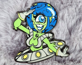 Alien enamel pin, alien girl pin, halloween pin, pin up alien lapel pin, spoopy pin, ufo pin, paranormal hard enamel pin, monster girl pin
