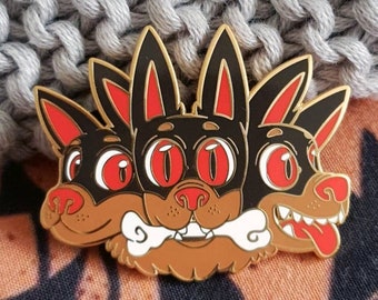 Cerberus Enamel Pin, Dog pin, Puppy badge, Hard enamel pin, Matte gold enamel pin, cute dogs, cryptid pin, cryptid , greek myth, mythology