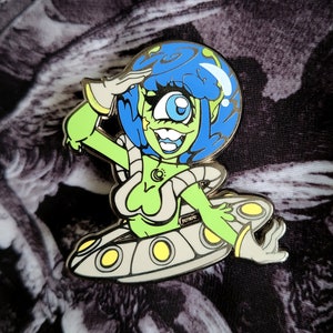 Alien enamel pin, alien girl pin, halloween pin, pin up alien lapel pin, spoopy pin, ufo pin, paranormal hard enamel pin, monster girl pin image 4