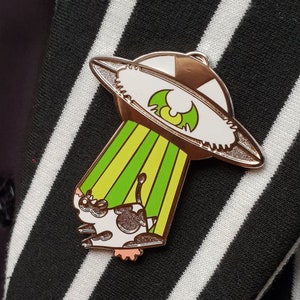 UFO Enamel Pin, Area 51, Alien hard enamel pin, abduction, paranormal pin, occult pin, horror enamel pin, cute cow, spooky pin, creepy pin image 1