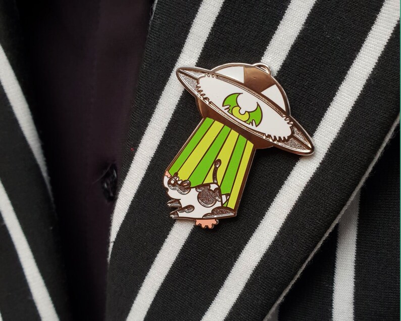 UFO Enamel Pin, Area 51, Alien hard enamel pin, abduction, paranormal pin, occult pin, horror enamel pin, cute cow, spooky pin, creepy pin image 1