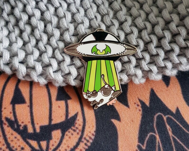 UFO Enamel Pin, Area 51, Alien hard enamel pin, abduction, paranormal pin, occult pin, horror enamel pin, cute cow, spooky pin, creepy pin image 3