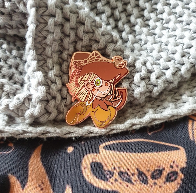 Scarecrow enamel pin, Halloween enamel pin, monster girl pin, cute pin, copper enamel pin, hard enamel, quirky pin, two post pin, witch hat image 1