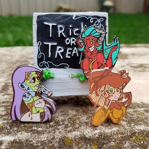 Scarecrow enamel pin, Halloween enamel pin, monster girl pin, cute pin, copper enamel pin, hard enamel, quirky pin, two post pin, witch hat image 6