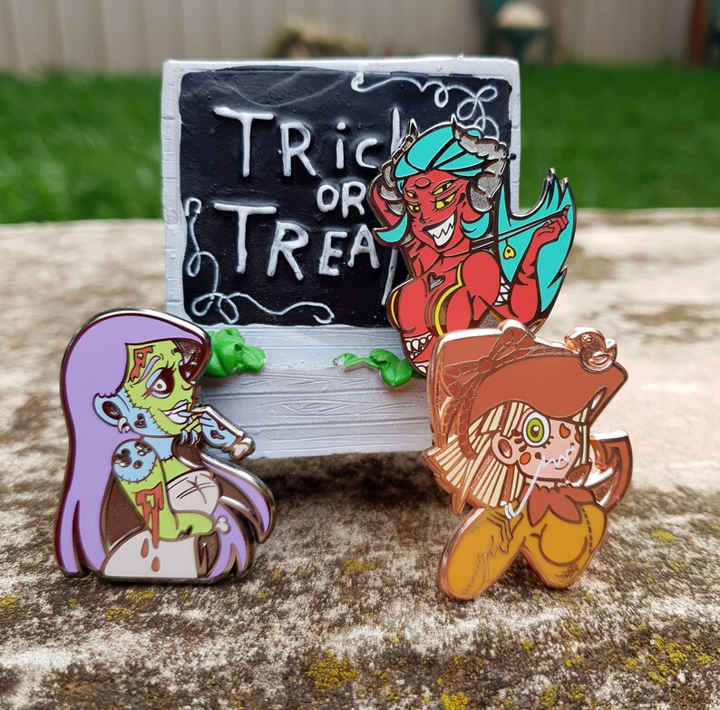 Scarecrow enamel pin, Halloween enamel pin, monster girl pin, cute pin, copper enamel pin, hard enamel, quirky pin, two post pin, witch hat image 6
