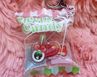 Halloween candy bag keychain, candy shaker keychain, spooky halloween keychain, creepy candy shaker charm, candy bag halloween, spooky