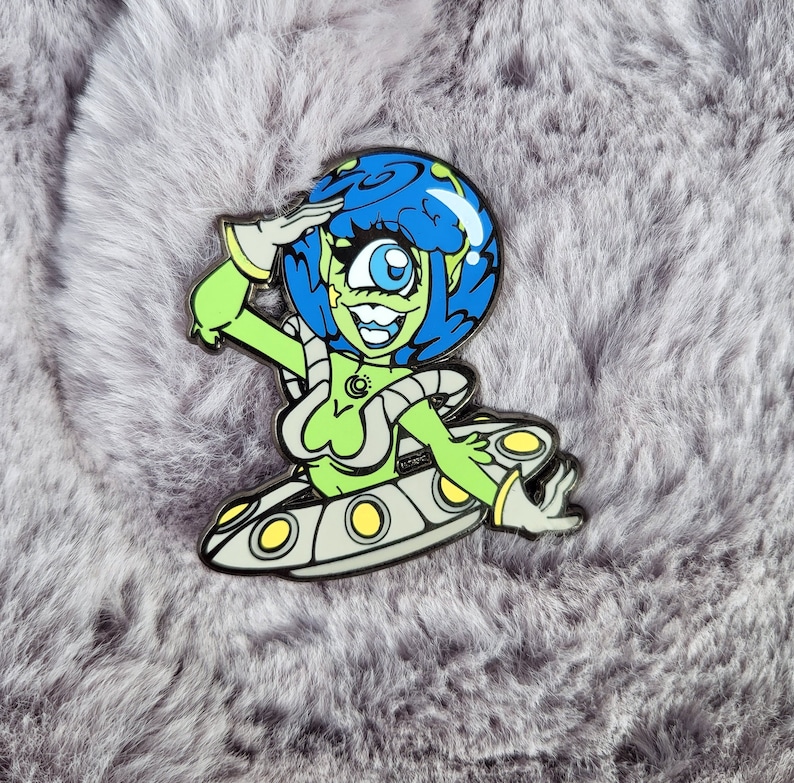 Alien enamel pin, alien girl pin, halloween pin, pin up alien lapel pin, spoopy pin, ufo pin, paranormal hard enamel pin, monster girl pin image 1