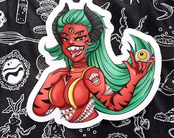 Demon sticker, halloween sticker, devil sticker, vinyl sticker, pin up sticker, horror sticker, spooky sticker, sexy sticker, waterproof