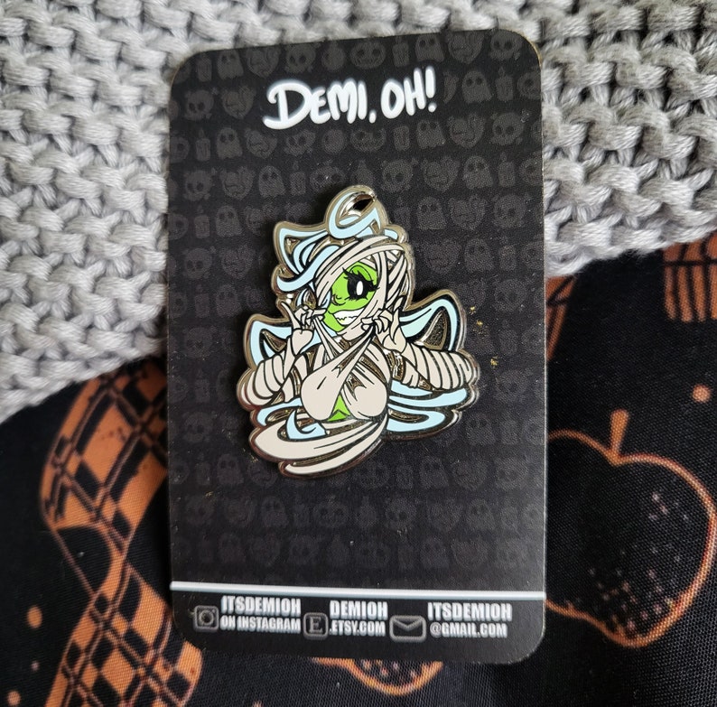 mummy enamel pin, pin up, silver enamel pin, monster girl pin, recessed metal, halloween pin, spooky pin, horror pin, sexy pi, ancient mummy image 6