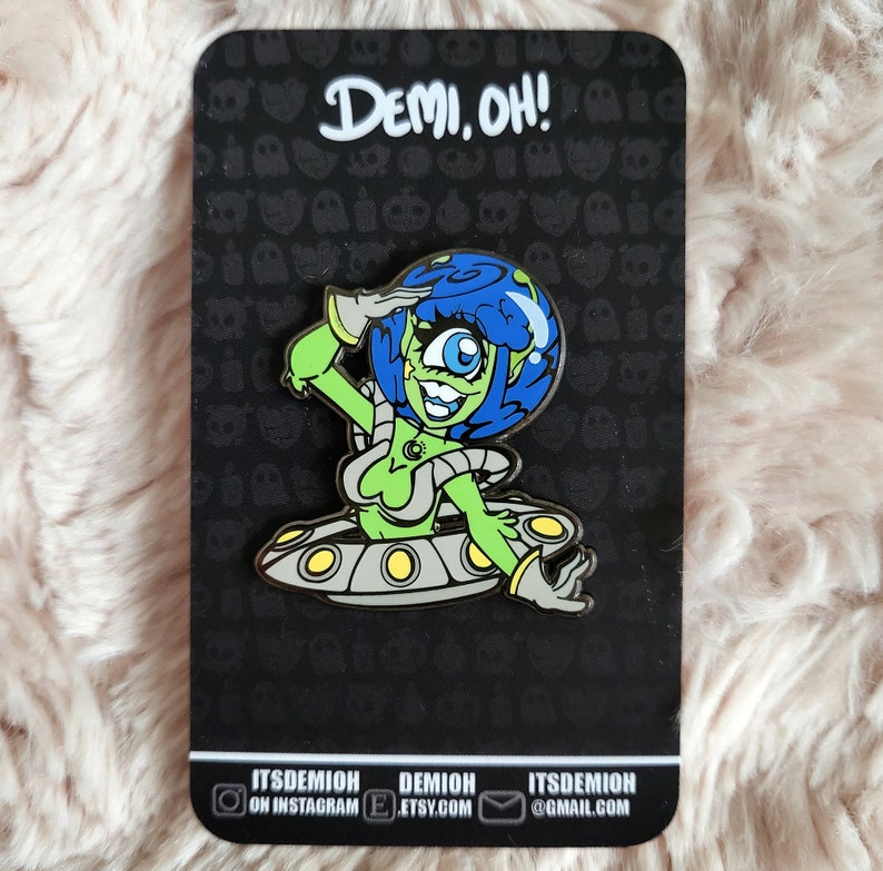 Alien enamel pin, alien girl pin, halloween pin, pin up alien lapel pin, spoopy pin, ufo pin, paranormal hard enamel pin, monster girl pin image 9