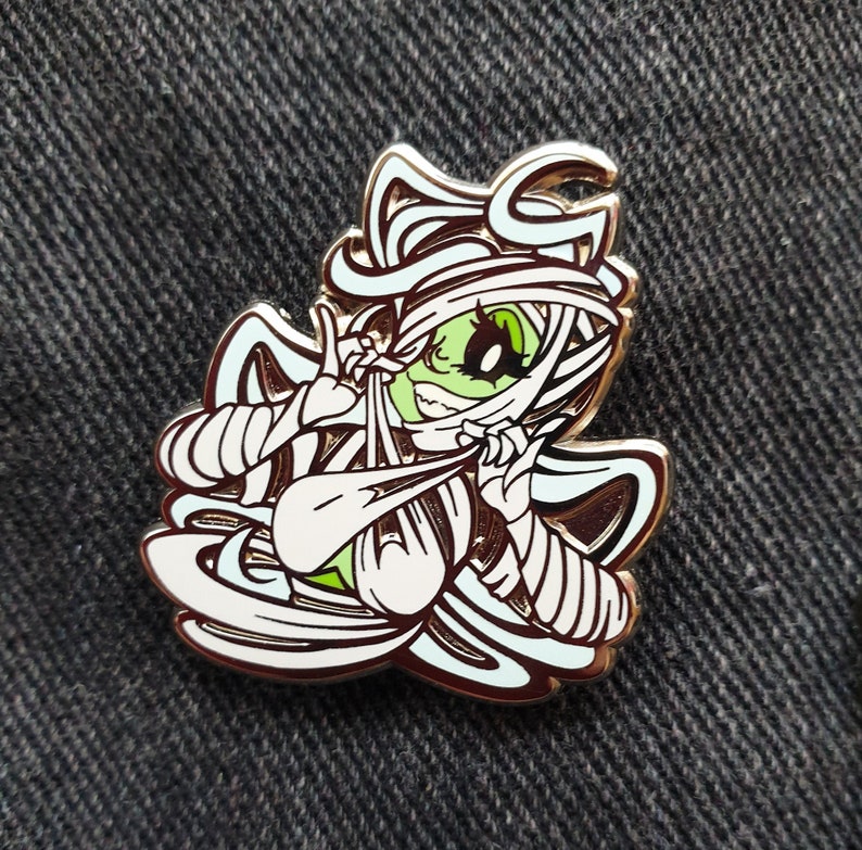 mummy enamel pin, pin up, silver enamel pin, monster girl pin, recessed metal, halloween pin, spooky pin, horror pin, sexy pi, ancient mummy image 1